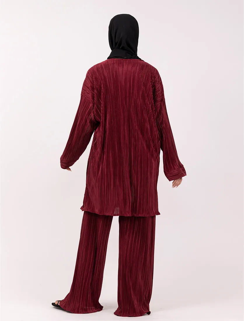 Maroon Midi Plisse Co Ord